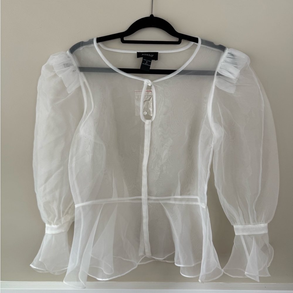 Ashro Sheer White sheer Blouse peplum with Puff Sleeves - Picture 1 of 6